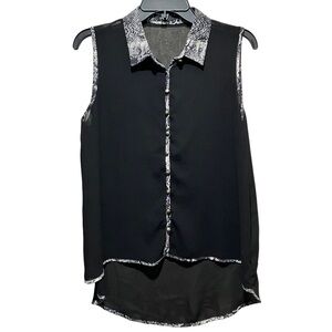 Mine‎ Black Buttoned Snakeskin Print Notched Collar Blouse Size L